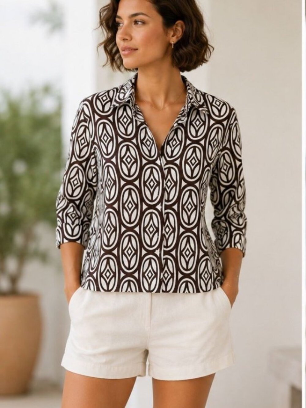JM Collection Linen Button Shirt Geometric Print 3/4 Sleeve Casual Office Sz 10